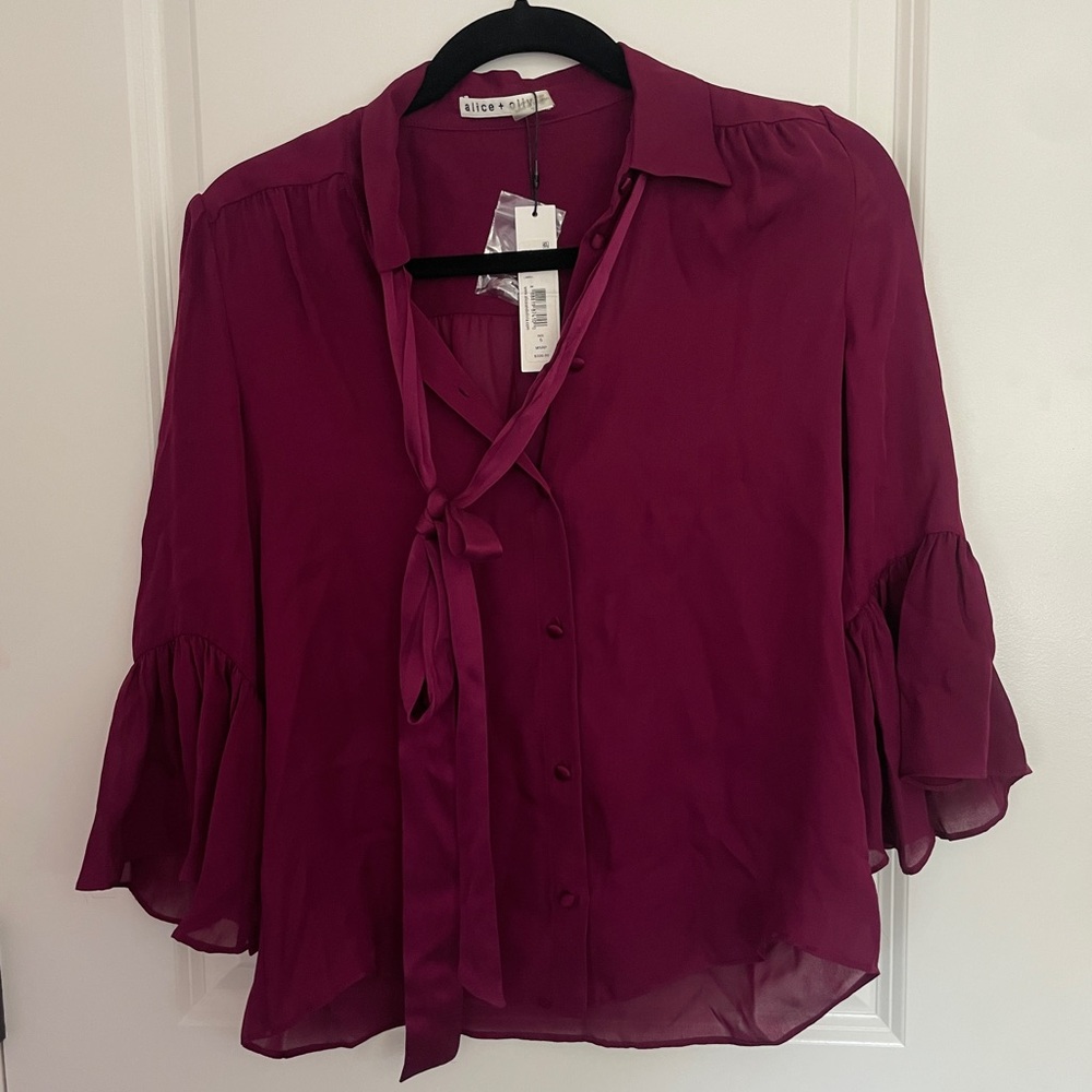 Alice and Olivia Currant Red Burgundy Button Down Blouse Ruffle Small w tie